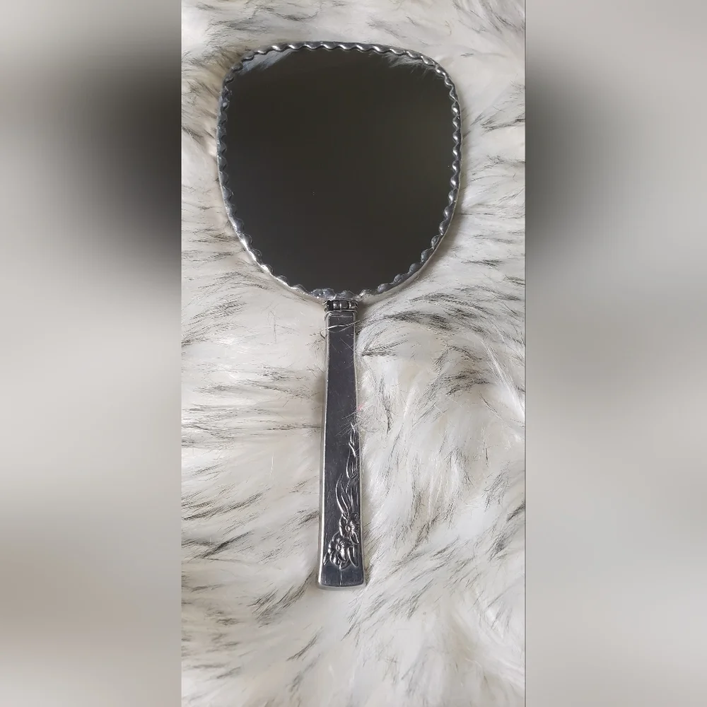 Vintage Long Vanity Hand Held Mirror Gemed Dragonfly. Silver